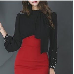 Black-Red Sheath Paneled Beaded Midi Dress